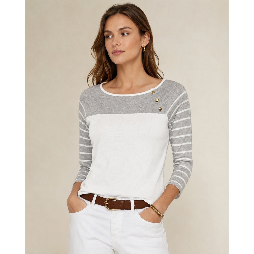 Lauren Ralph Lauren Women's Large Gray White Striped‎ 3/4 Sleeve Button Top